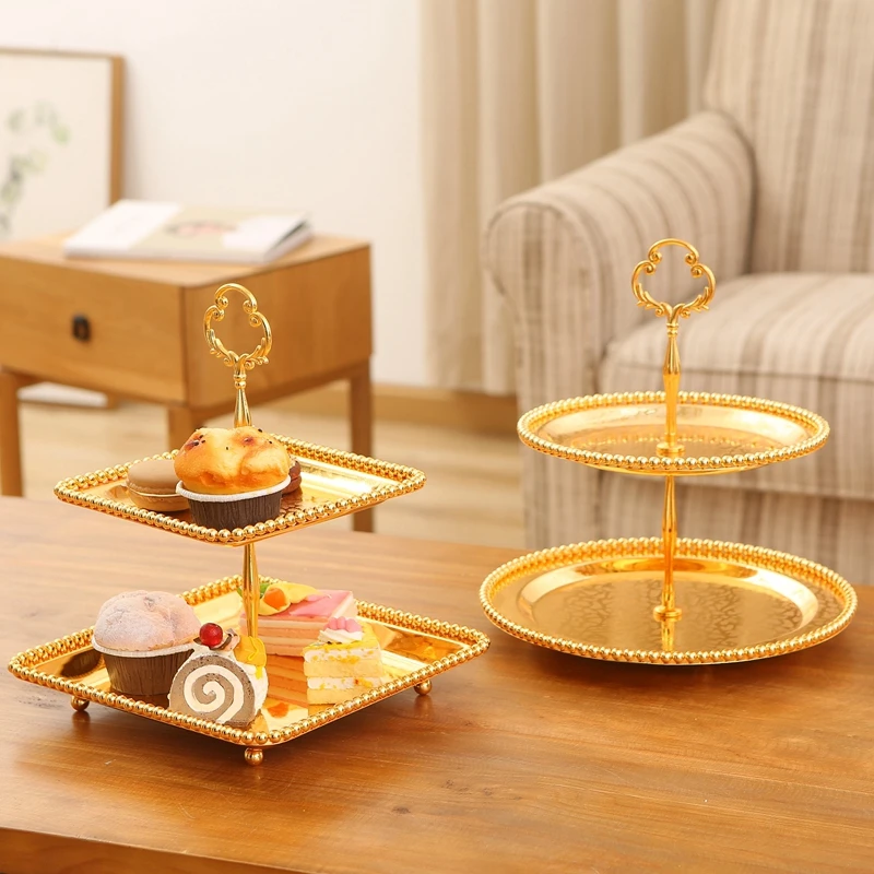Gold Plating Round Alloy Two-tier Cake Fruit Tray European Home Wedding DIY Party Tabletop Decor Silver Square Metal Candy Dish 3