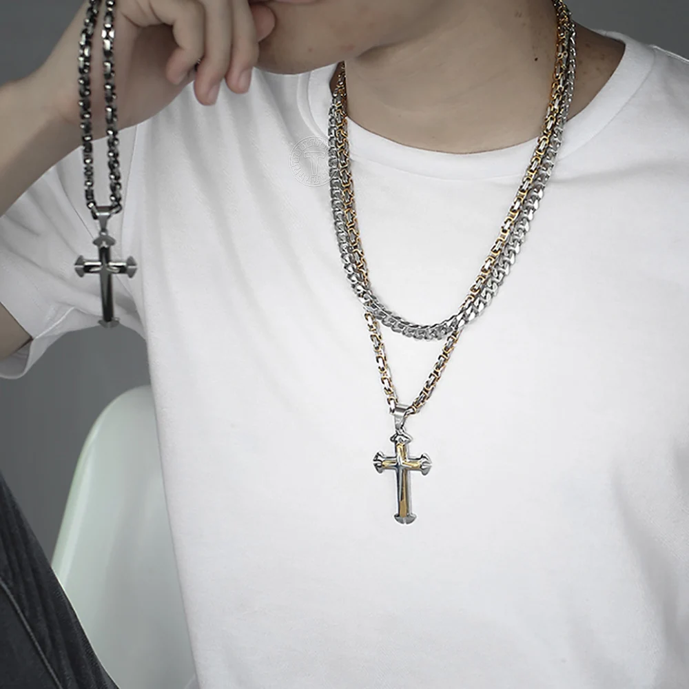 Mens Pendant Necklaces Gold Black Silver Color Stainless Steel 3 Layer Knight Cross Chain Necklace for Men LDLKP180