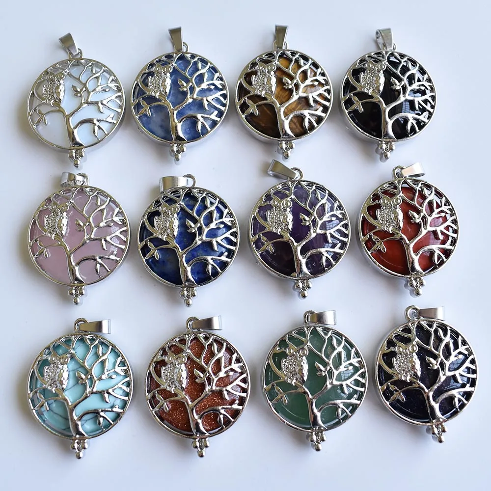 Wholesale 12pcs/lot Tree of Life Pendant Necklace Natural Stone Bead Owl on Trees  Pendants Handmade Reiki Charm Jewelry