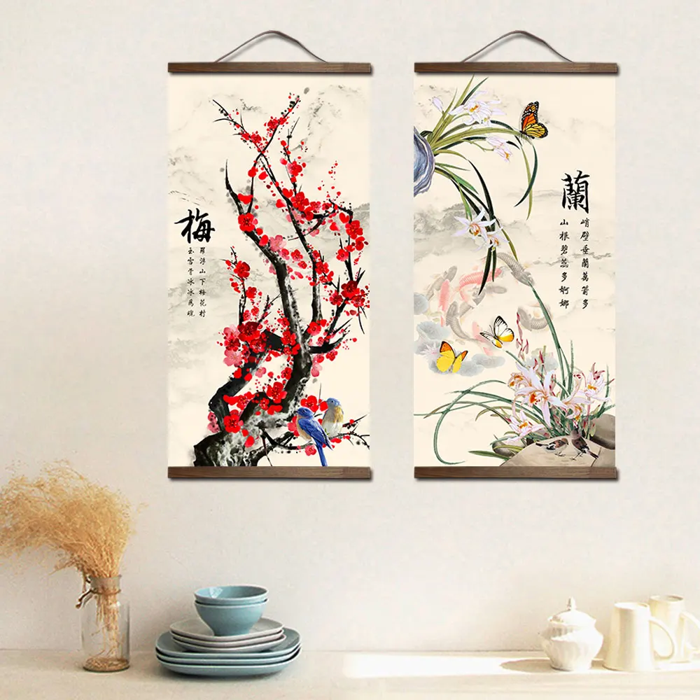 chinese style flower Green plants canvas decorative painting Store bedroom living room wall art solid wood scroll paintings