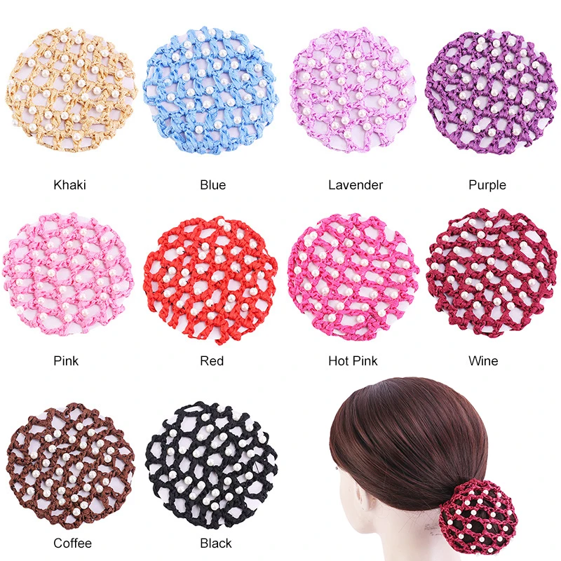 Furling Girl Crochet Pearl Elastic Hair Nets Ballet Dancing Snood Net Hair Bands Bun Covers Ornament for Ladies Headwear 2021