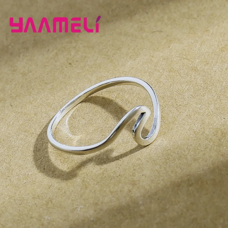 Popular Wave Band Ring Shining Original 925 Sterling Silver Creative Handmade Smooth Statement Unisex Party Stackable Jewelry