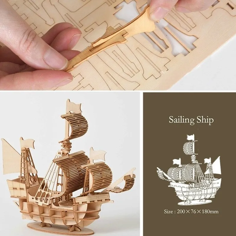 Juguete de locomotora de vapor de barco de vela de corte láser, rompecabezas de madera 3D, Kits de madera, decoración de escritorio para niños