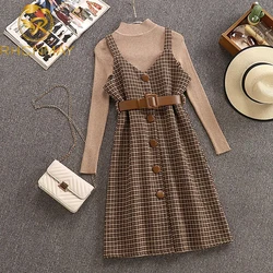 2024 Autumn Winter Woman Long Sleeves Tight Sweater Knitted Shirt Tweed Plaid High waist A-line Dress 2 pcs sets Female Outfits