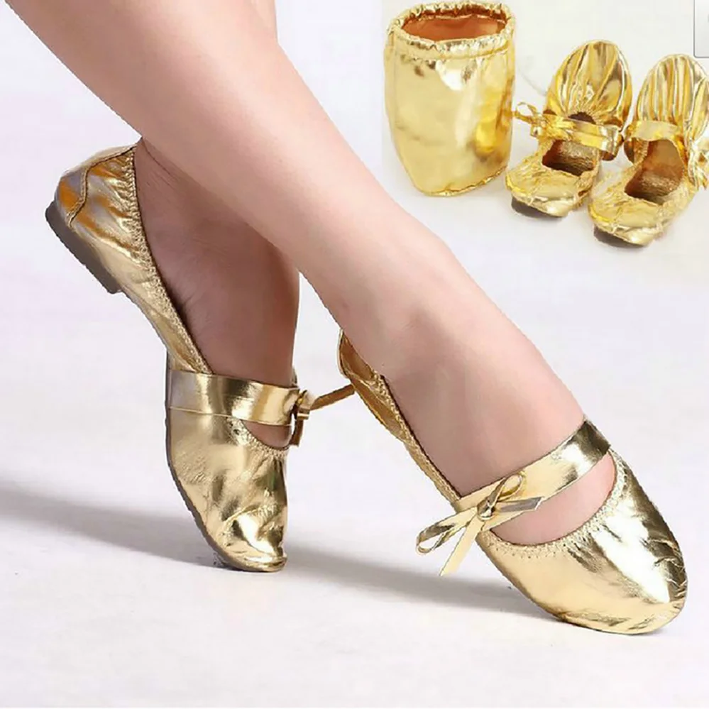 USHINE-zapatos de danza del vientre dorados para mujer, calzado de Ballet de cuero, suave, indio