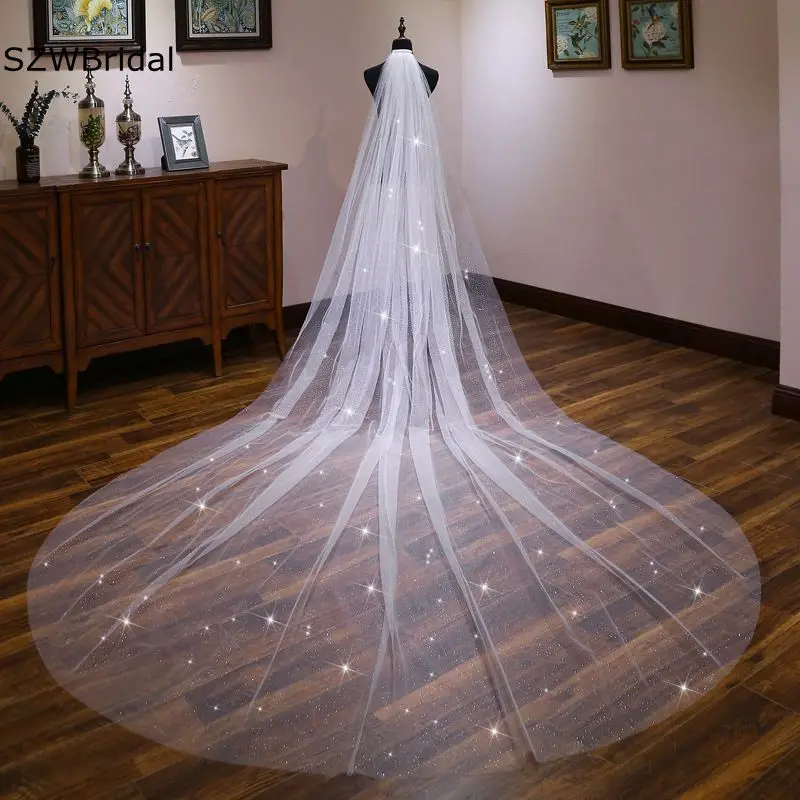 New Arrival Ivory Champagne Sequine Lace Bridal Veils 3 Meter Long wedding accessories with Comb Voile mariage Veu de noiva