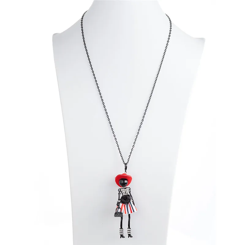 Korean New Women\'s Sweater Chain Necklace Red Black Pink Cartoon Doll Pendant Beads Link Necklaces For Women Christmas Gift