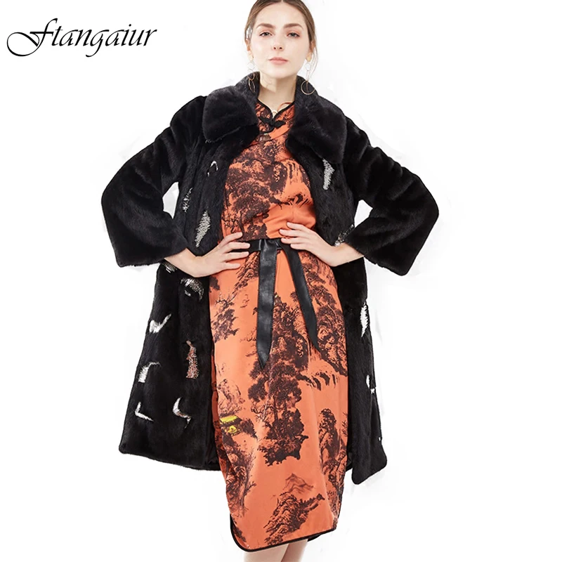 

Ftangaiur Winter Import Crown Velvet Mink Fur Coat Embroidery Turn-Down Collar Mink Coat Women's Slim X-Long Real Mink Fur Coats