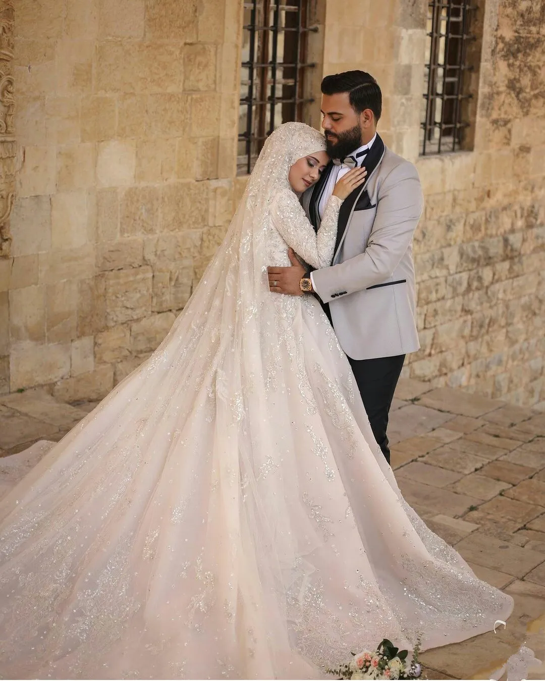 Robe de mariée de ligne A, en dentelle, paillettes, manches longues, rétro, avec Hijab