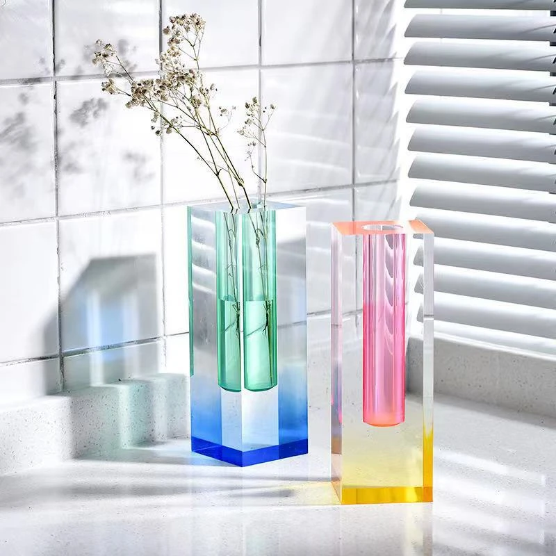 Home Acrylic Vase Square Column Bubble Flower Device Floriddle Modern Rainbow Vase Tabletop Crystal Nordic Room Decoration