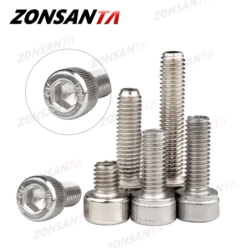 ZONSANTA-tornillo de cabeza hexagonal de acero inoxidable DIN912, Perno de cabeza de casquillo hexagonal, M1.4, M1.6, M2, M2.5, M3, M4, M5, M8, 304