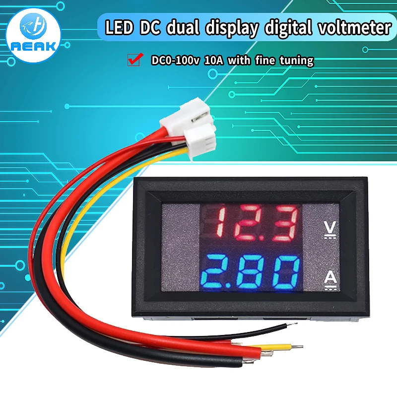 DC 0-100V 10A Digital Voltmeter Ammeter Dual Display Voltage Detector Current Meter Panel Amp Volt Gauge 0.28" Red Blue LED