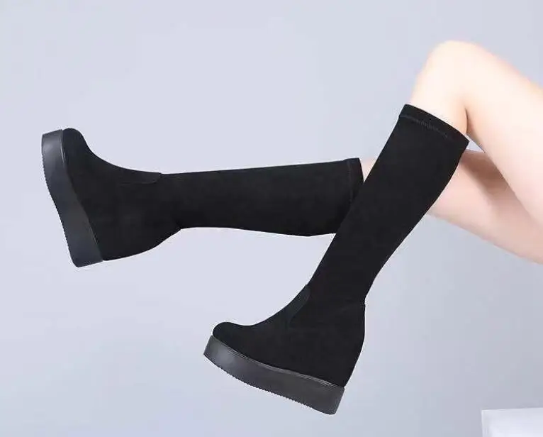Autumn Winter Warm Wedges Knee High Boots Inner Increase Women's Round Toe Elastic Boots Long Tube Muffin Bottom Female Shoes