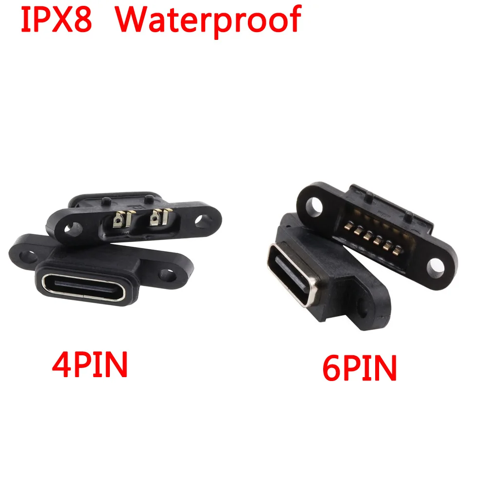 1-4pc IPX8 TYPE C 2P/4P Waterproof Female USB C Socket Port With Screw Hole Fast Charge Charging Interface 180 degree  Connector
