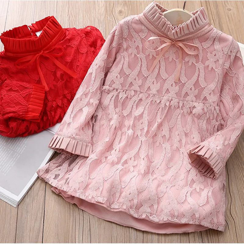 2024 Winter 3 4 5 6 7 8 9 10 11 12 Years Crew-Neck Lace Embroidery Thickening Plus Velvet Winter Warm Dress For Kids Baby Girls