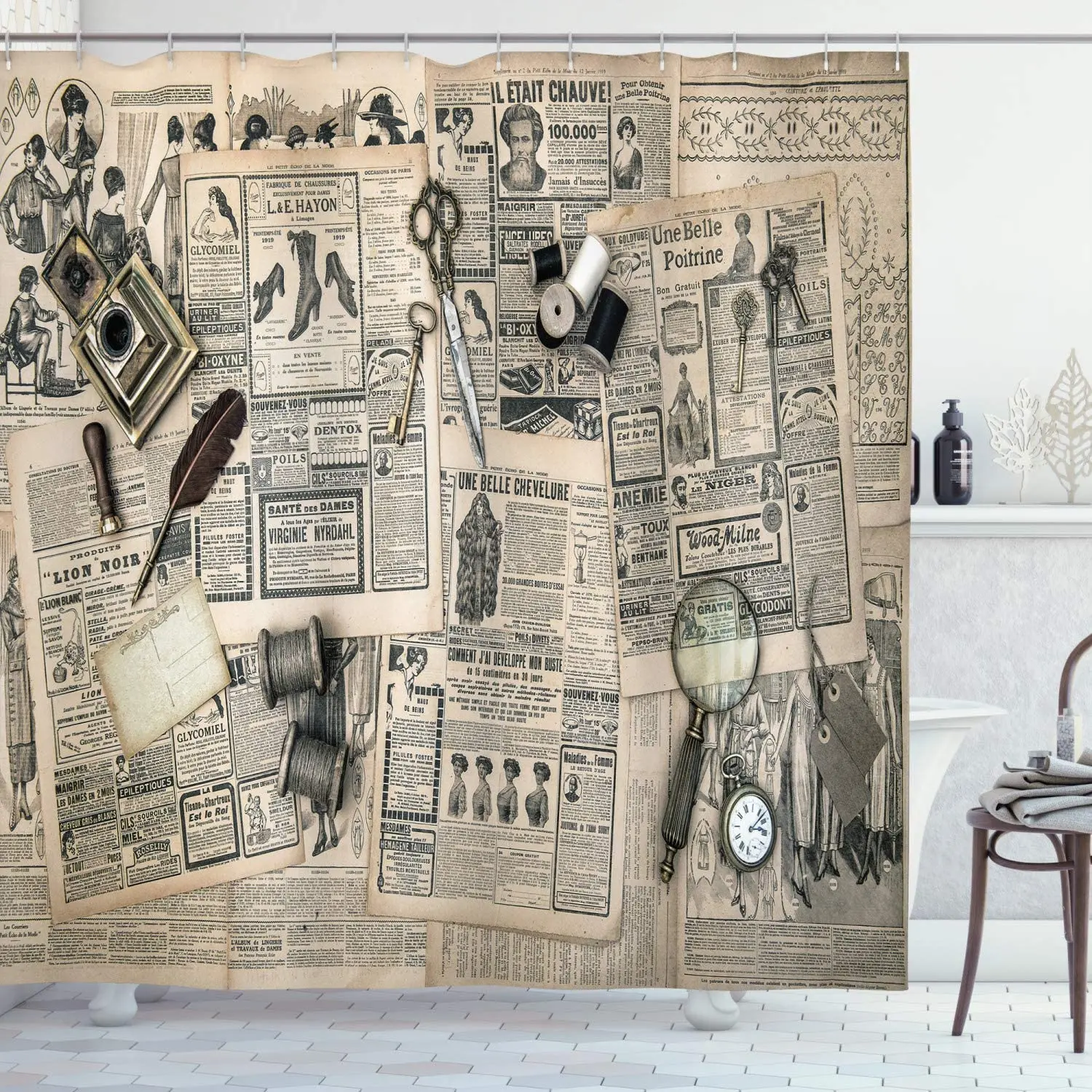 Clock By Ho Me Lili Shower Curtain Antique Accessories Design Old Fashion Magazine Sewing And Writing Tools Bathroom Decor