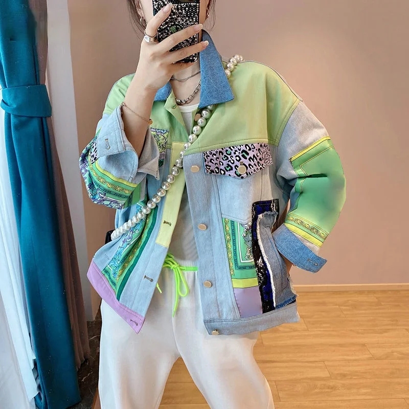 Spring Autumn Woman Chic Denim Jacket Hit Color Print Patchwork Lapel Collar Long Sleeve Loose Streetwear Style Cowboy Coat