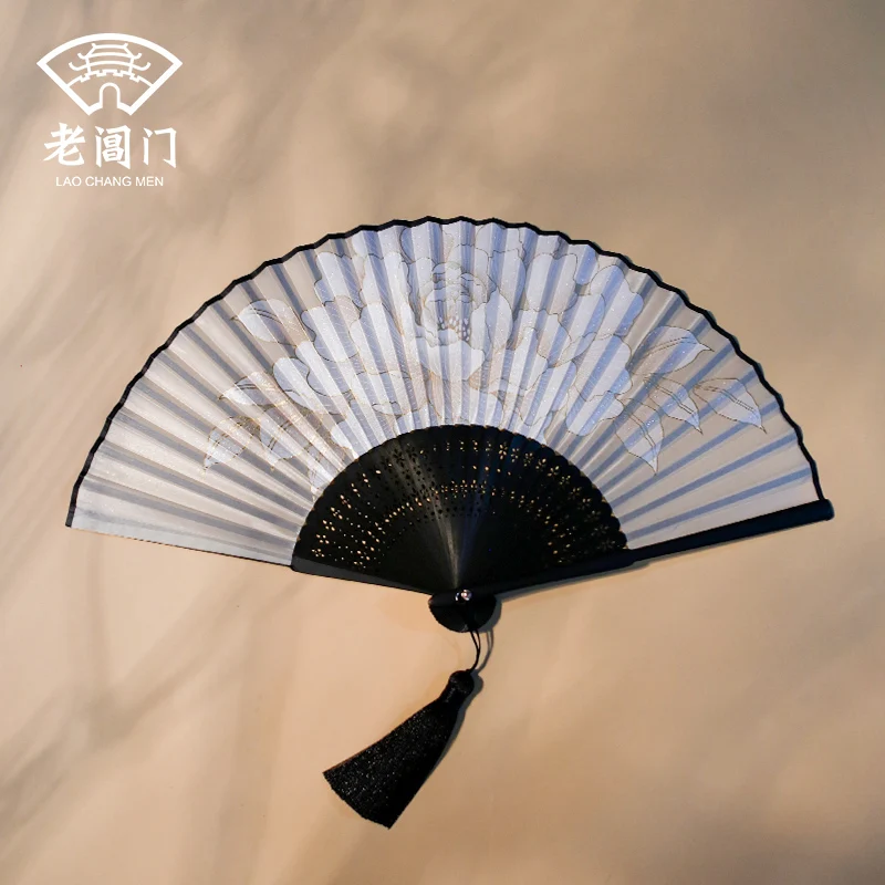 |Rich peony summer folding fan women's ancient fan Hanfu folding fan portable ancient fan folding fan female tassel