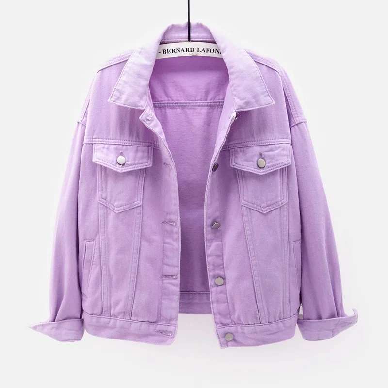 Manteau en jean court pour femme, couleur unie, ample, violet, étudiant, vêtements d'extérieur décontractés, blanc, rose, jaune, rouge, noir, printemps automne