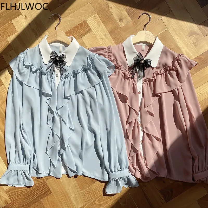 Sevimli Retro Vintage Ruffles papyon şerit üstleri Flhjlwoc temel zarif iş resmi tek göğüslü düğme katı beyaz gömlek