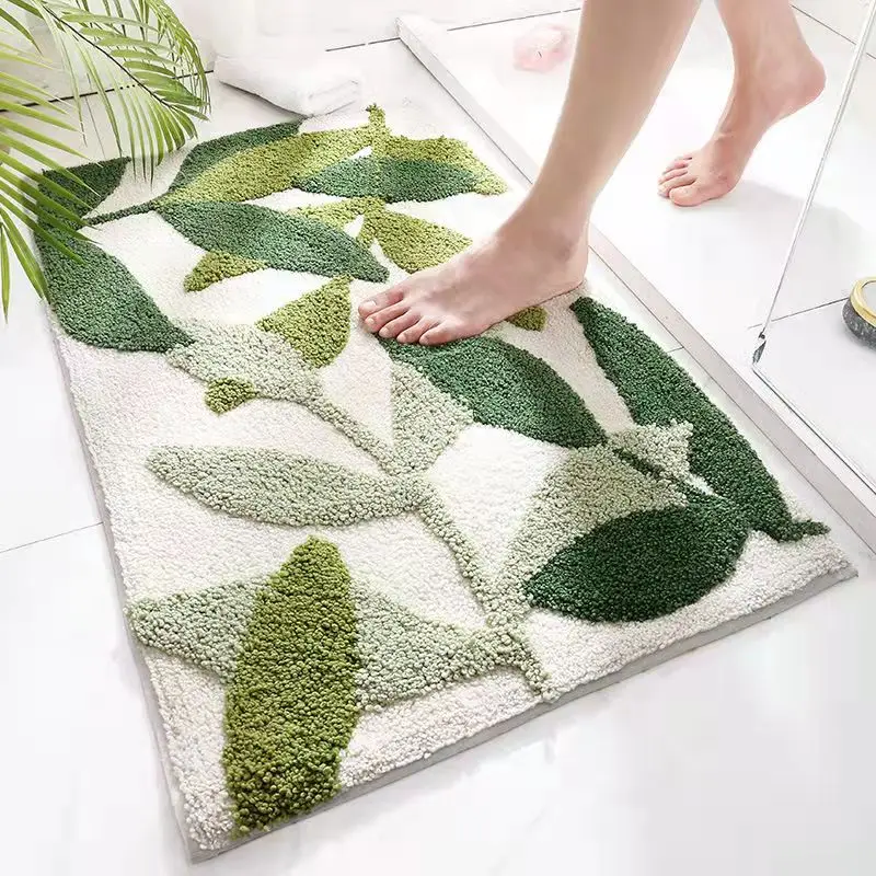 Green Leaves Flocking Bath Mat Non-slip Absorbent Microfiber Bathroom Rug Home Entrance Door Mat Super Soft Bath Carpet Tapijt