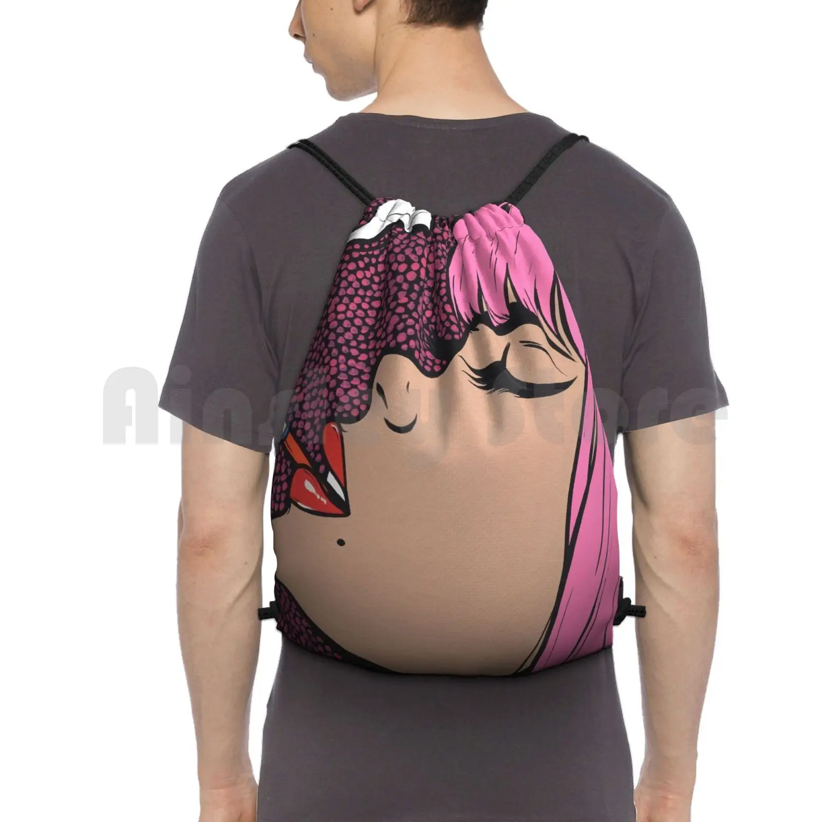 Pink Smoking Comic Girl Backpack Drawstring Bag Riding Climbing Gym Bag Cigarette Smoke Pink Hair Bangs Model Pop Art