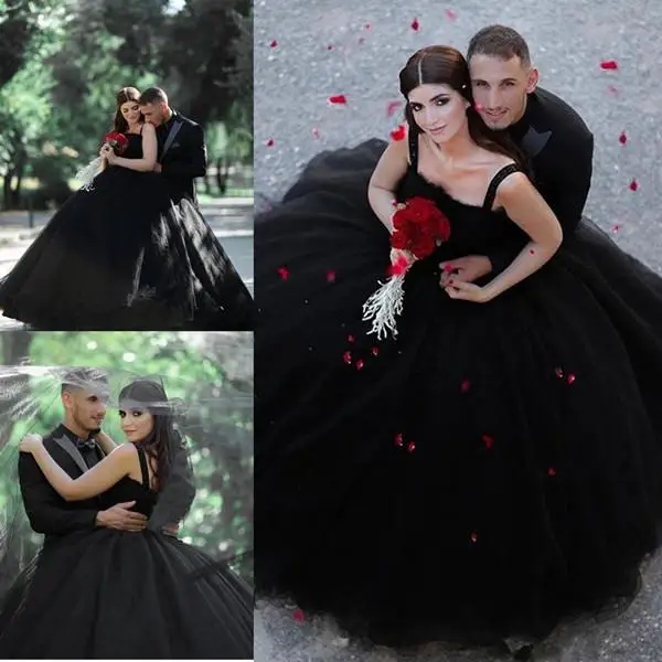 Princess Black Ball Gown Weeding Dresses Sexy Spaghetti Tulle Bridal Gowns Puffy Backless Sweep Train Plus Size Wedding Dresses