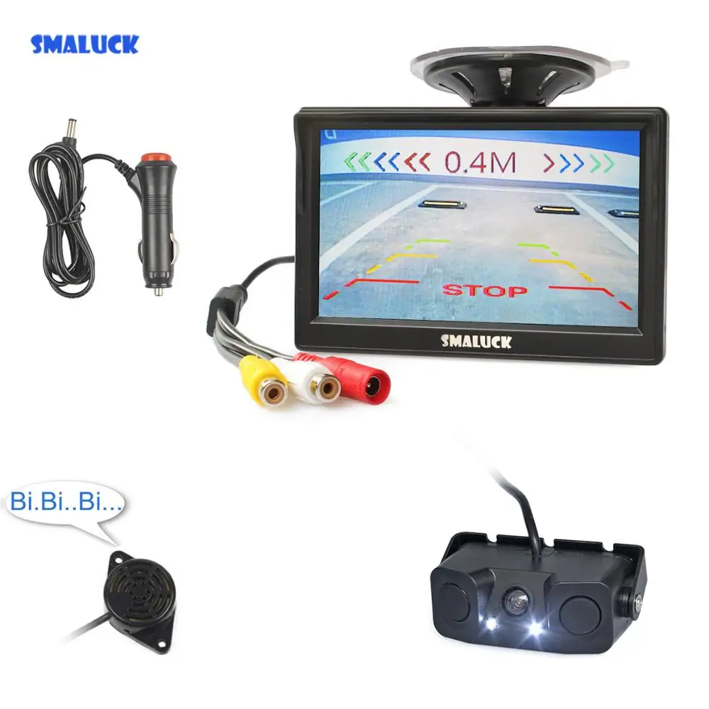 

SMALUCK 5" TFT LCD Display Backup Car Monitor + Waterproof Video Parking Radar Sensor Car Rear View Camera + Speaker 3 in 1