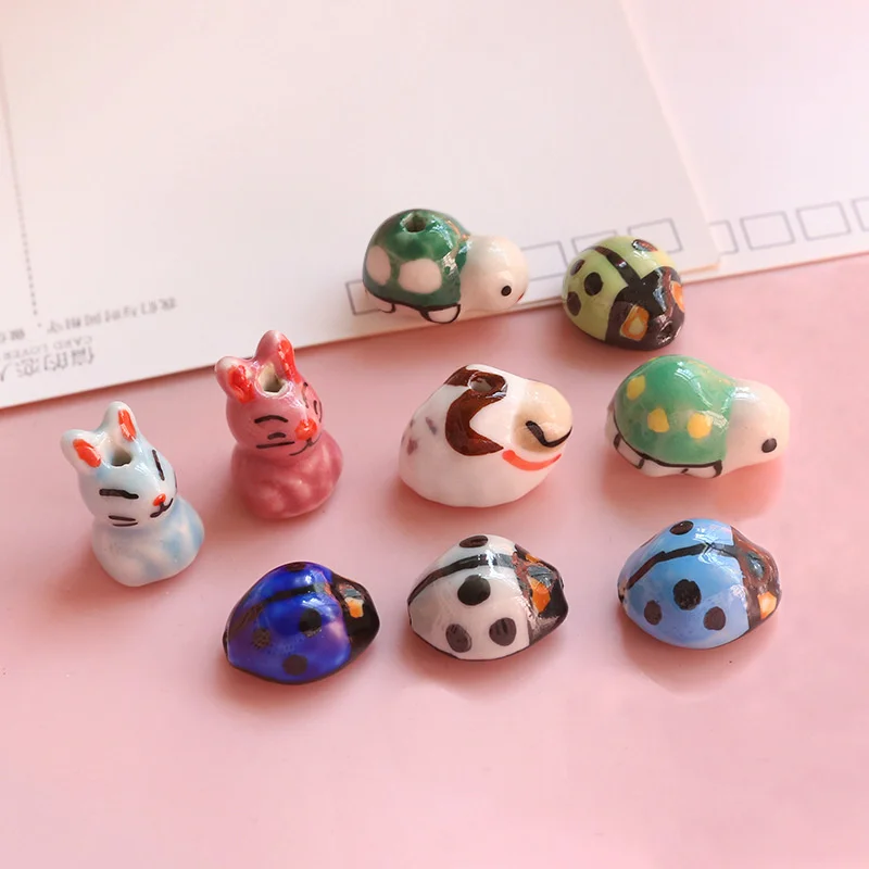 5PCS Cartoon Hand-painted Wind Cute Ladybug Owl Head Ceramic Beads Diy Handmade Jewelry Earrings Pendant Accessories
