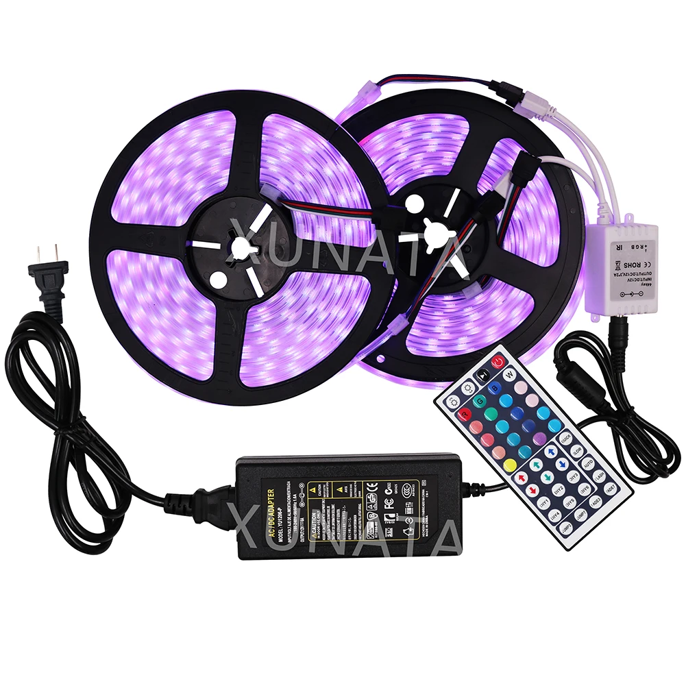 5M 10M RGB LED Strip Light 12V 5050 60Leds/m Waterproof Led Ribbon Tape Flexible + 44-key RGB Controller + 12V 5A Power Supply