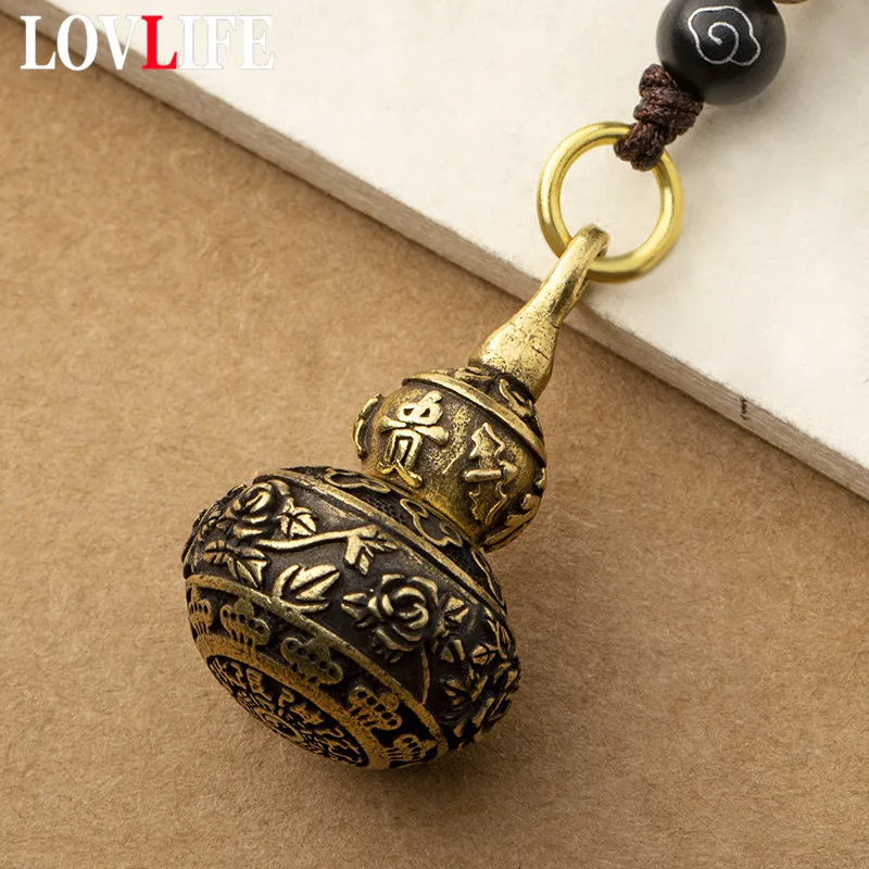 Brass Chinese Blessing Lotus Gourd Pendants for Keychain Handmade Braied Rope Lucky Men Car Key Chain Lanyard Hangings Keyrings