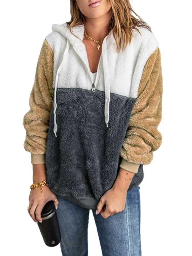 Contrast Color Sweatshirt Women's Autumn and Winter Zipper Half Cardigan Long Sleeve Hooded Sweater Women