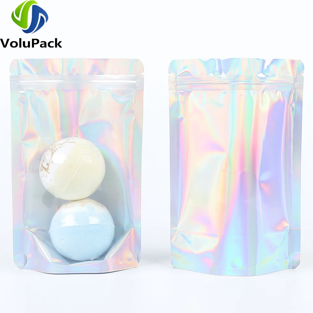 100PCS Smell Proof Plastic Package Ziplock Bags Clear Front Holographic Silver  Pouches Recyclable Metallic Mylar Storage Bags