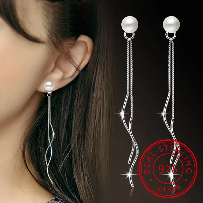 Exquisite Simple Fashion 925 Sterling Silver Tassel Ripple Ear Line Conch Pearl Long Earrings brincos For Women S-E172