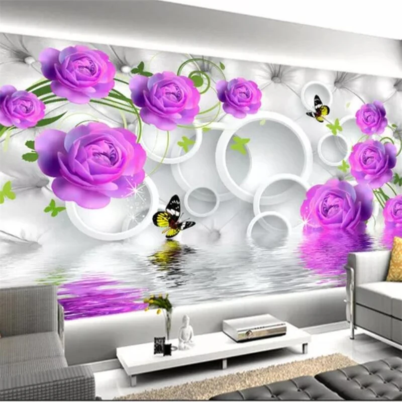 

wellyu Customized large murals fashion home decoration purple rose elegant fashion water reflection 3D background wallpaper