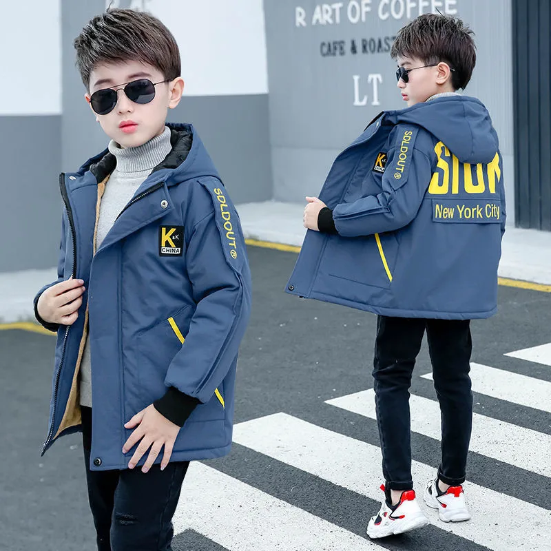 4-16T Boy Plus Velvet Parkas Winter Coat Fashion Hooded Warm Letters Printed Thick Padded Jackets Black /Blue High Quality