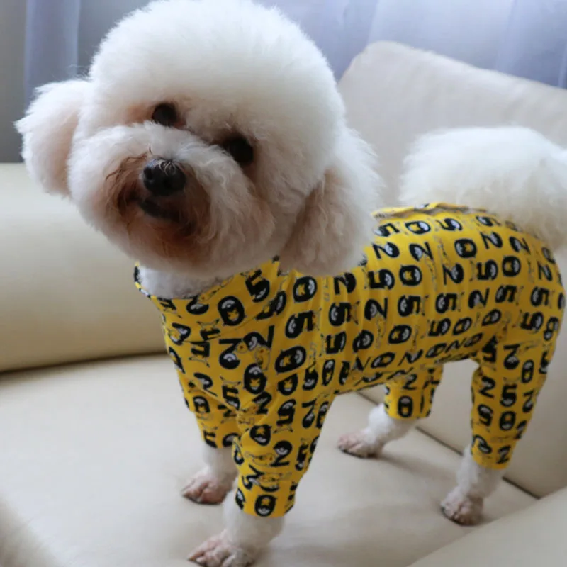 Pet Dog Jumpsuit Thin Printed Overalls 100%Cotton Puppy Clothes Protect Belly Stretchy Pajamas Poodle For Small Dogs Home Wear