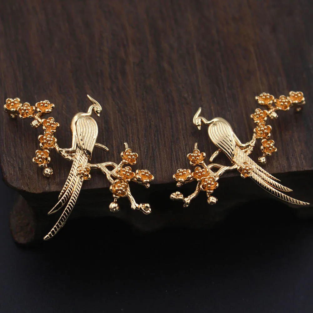 6pairs Brass Casted Phoenix on Winter Flower Branch Charms Pendant Connector High Quality Gold Color For DIY Jewelry Accessories