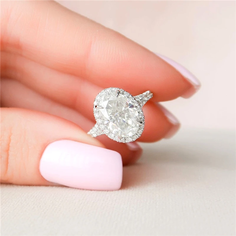 

3.0Carat 10*8mm Oval Cut Halo Rings For Women 18K White Solid Gold Split Half Etenity Band Luxuery For Women Engagement Wedding