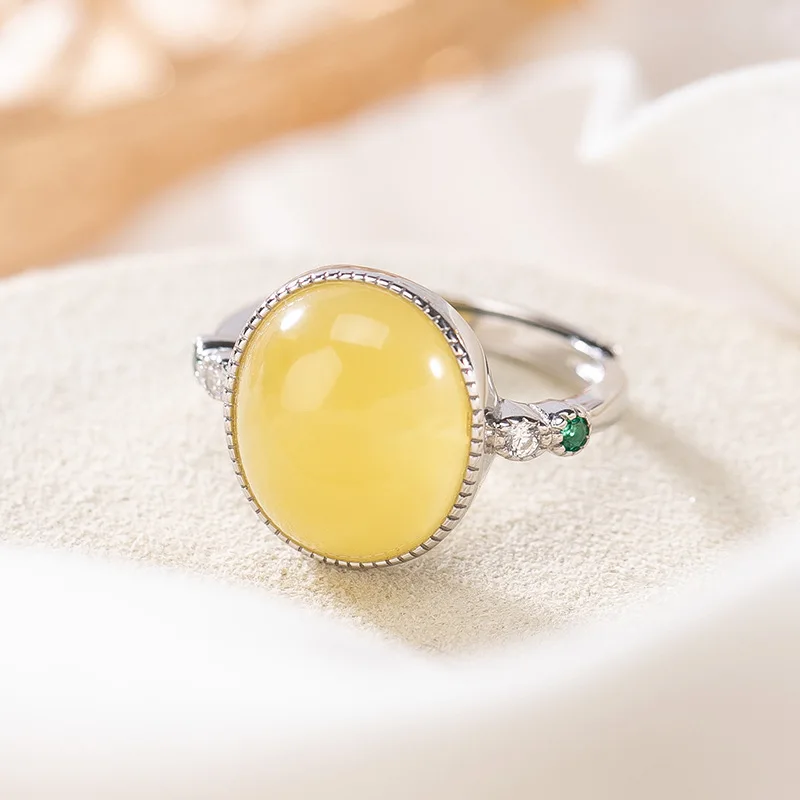 S925 sterling silver natural amber beeswax light luxury all-match fashion egg noodle ladies open ring