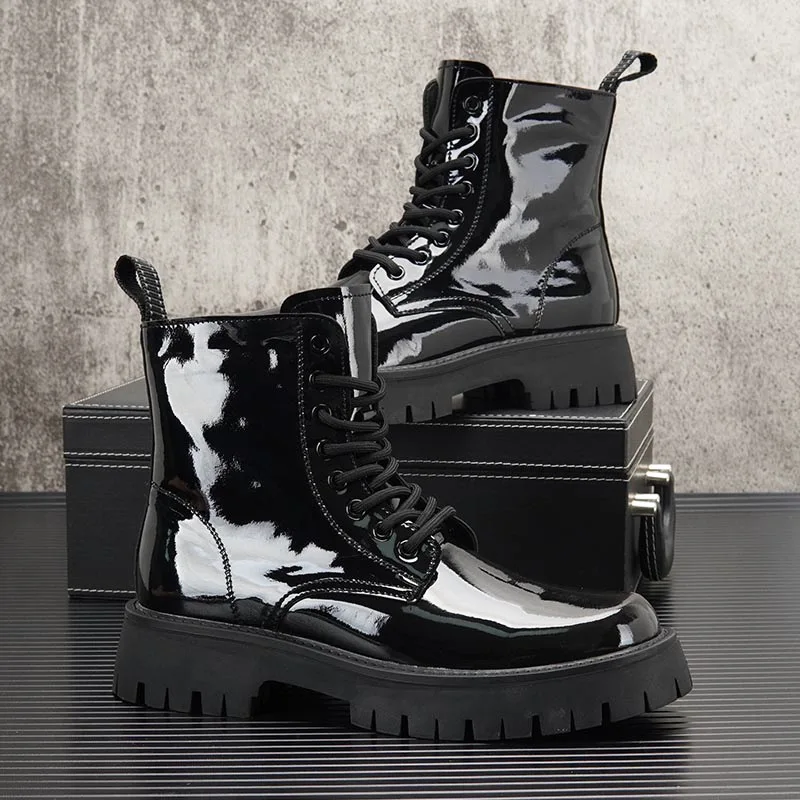 British style mens fashion punk nightclub wear patent leather boots tide platform shoes personality cowboy boot ankle botas mans