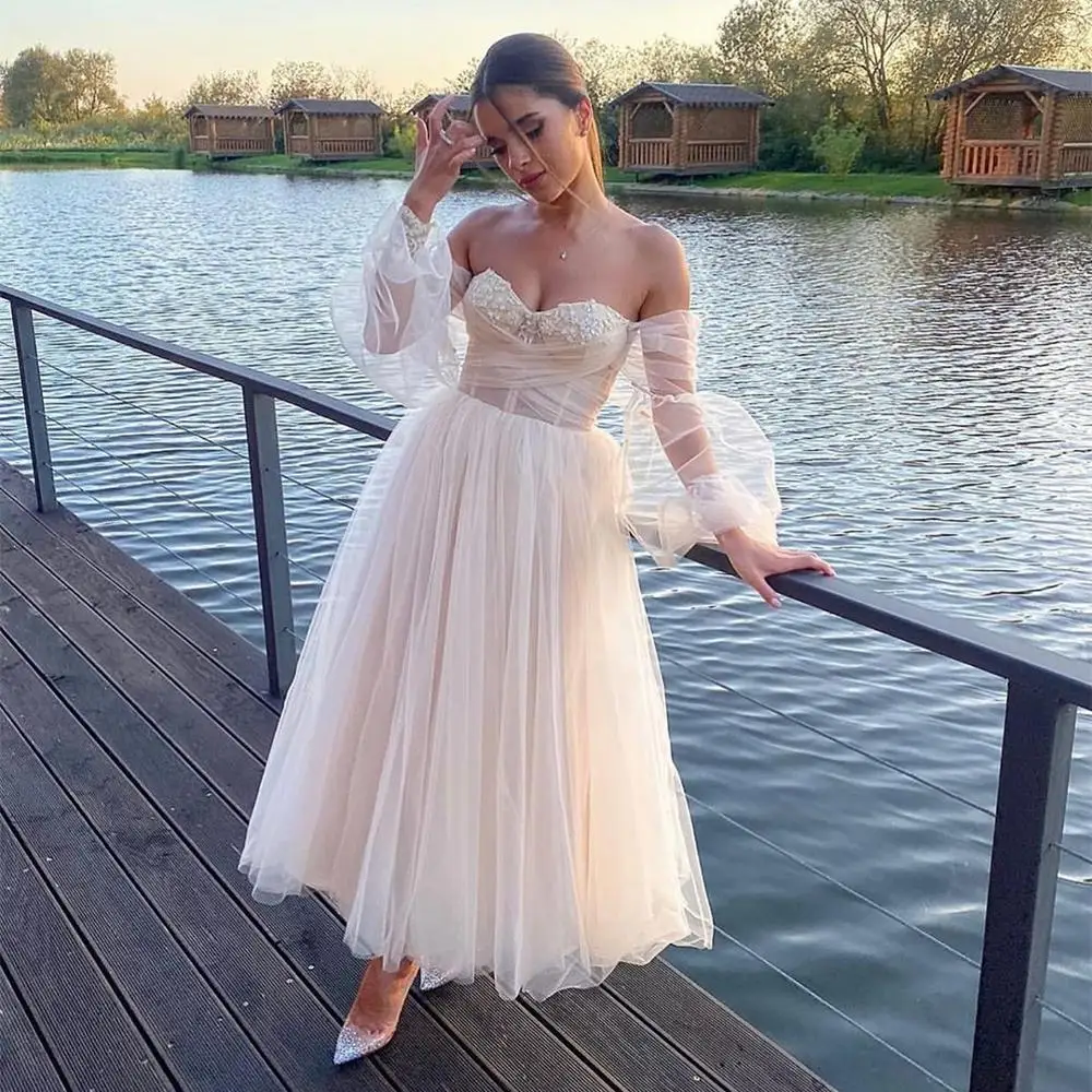 Short Champagne Wedding Dress 2023 Sweetheart Appliques Puff Sleeve A-Line Tulle Party Dress Ankle Length Robe De Fête For Women