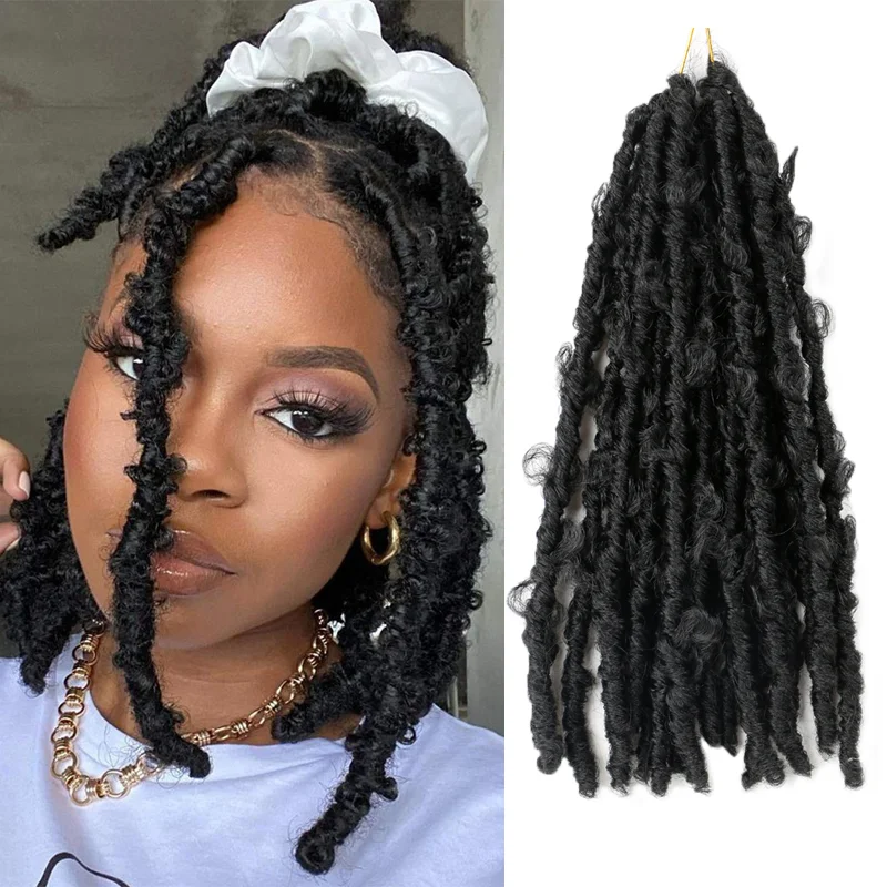 

Synthetic Hair 14" 20Roots Distressed Butterfly Locs Crochet Hair Goddess Faux Locs Crochet Braid Pre Looped Black Bug Braiding