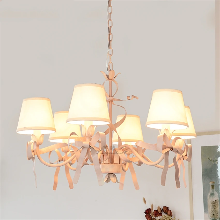 Nordic Pink Silk Ribbon Iron Chandeliers Lights Girl Princess Room Art Lamp Living Room Dining Table Hanging Lights Fixtures