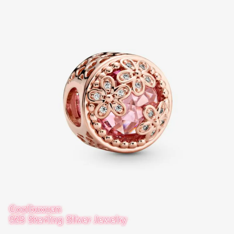 

Spring 100% 925 Sterling Silver Sparkling Pink Daisy Flower Charm Rose Gold beads Fits Original Pandora bracelets Jewelry