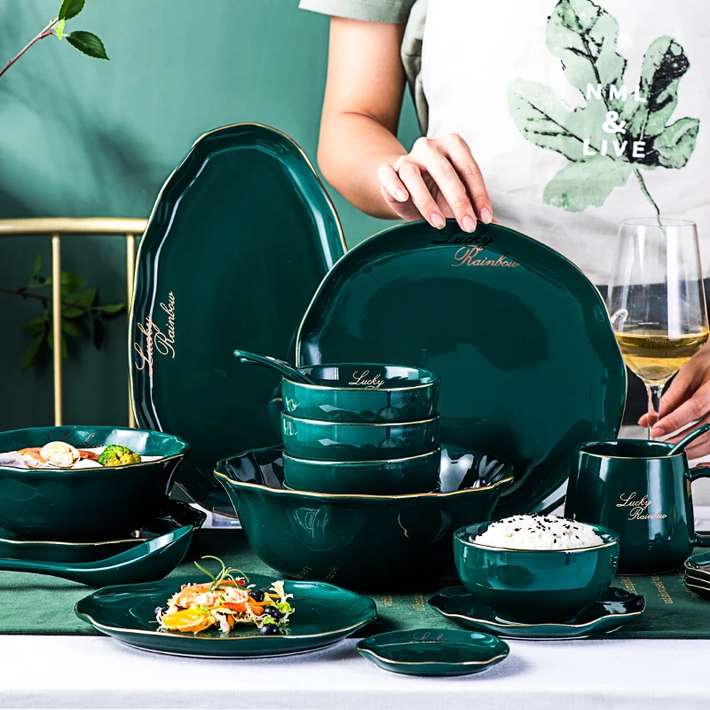 New Green Gold Ceramic Dessert Plate Dish Porcelain Family Dinner Bowl Soup Salad plateNordic Luxury Style Dinner Tableware Set