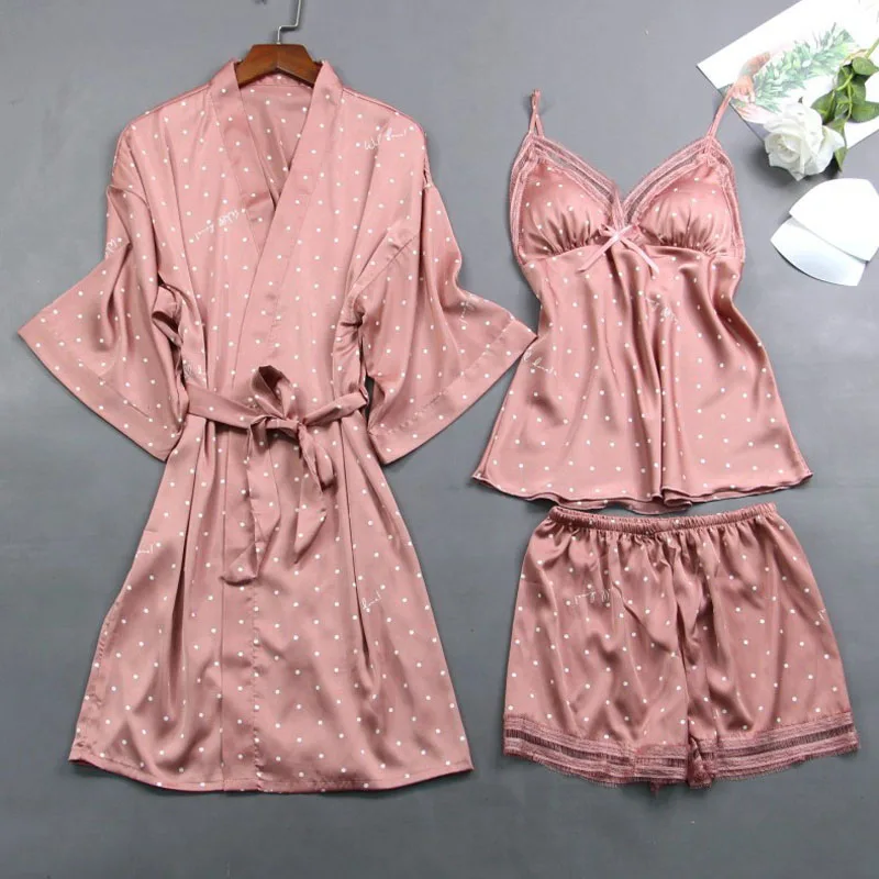 4PCS Pajamas Set Kimono Robe Gown Satin Sleep Suit Lady 2020 New Intimate Lingerie Casual Dot Nightwear Sleepwear Homewear