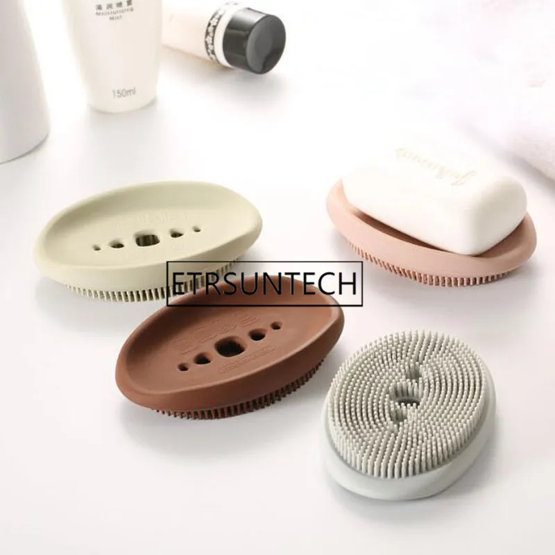 

50pcs Flexible Bathroom Silicone Soap Dish Storage Holder Soapbox Plate Tray Box With Cleaning Brush