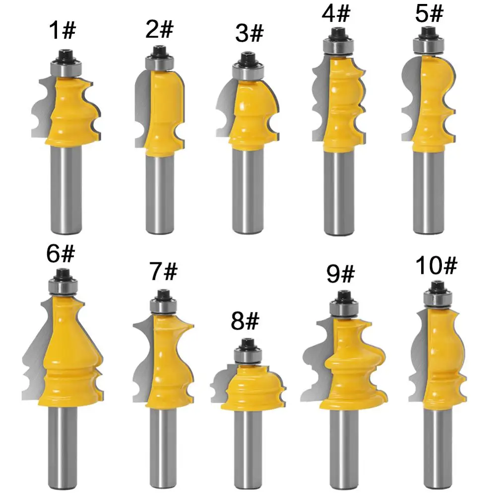 10pcs 12mm Shank Architectural Molding Handrail Router Bits Set Casing Base CNC Line Woodworking Cutters Face Mill