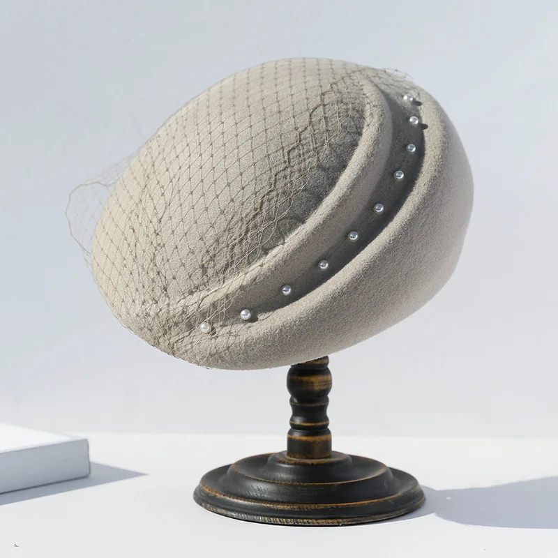 

X4038 Adult Pearl Mesh Wool Beret Children's Fashion Wool Fedora Hats Dome Top Basin Fedora Hats Church Cloche Derby Hat